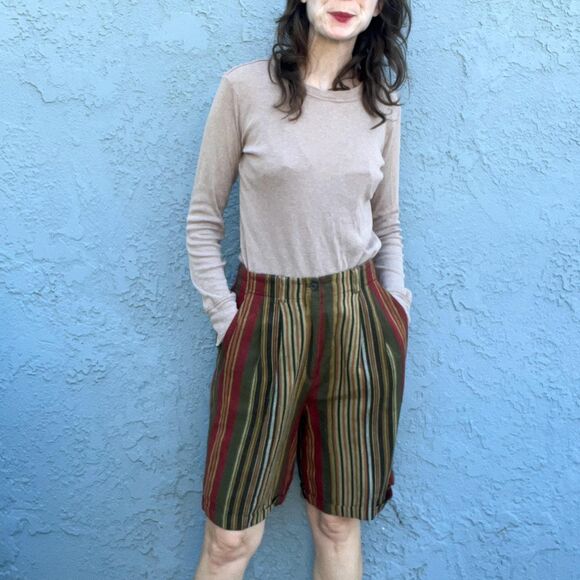 Vintage Striped Culottes Linen Shorts Long in Size 10 Preppy Schoolgirl Clothing - Picture 5 of 12